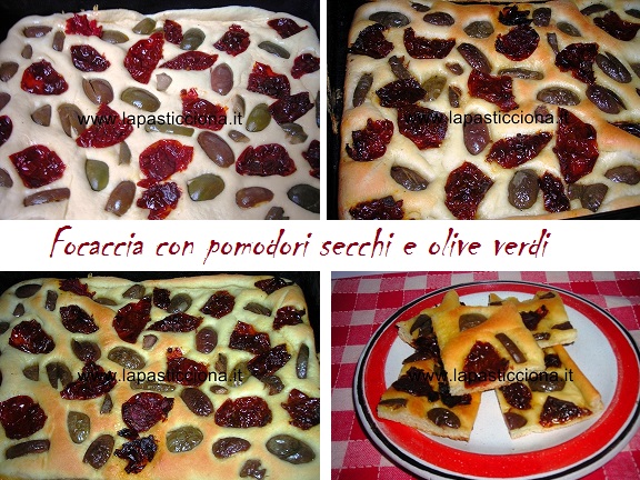 Focaccia con pomodori secchi e olive verdi