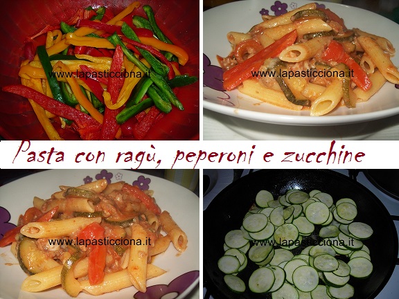 Pasta con ragù, peperoni e zucchine